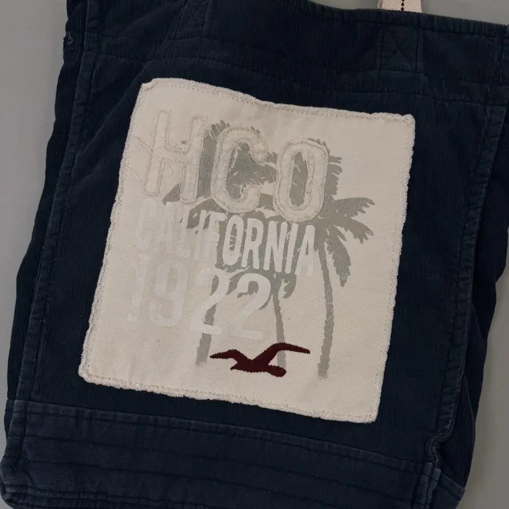 Hollister Dark Blue Corduroy 100% Cotton Y2K Shoulder Bag Seagull Logo Daily Bag